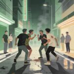 Young men fight in the middle of a neon lit city street as bystanders watch across the crowd